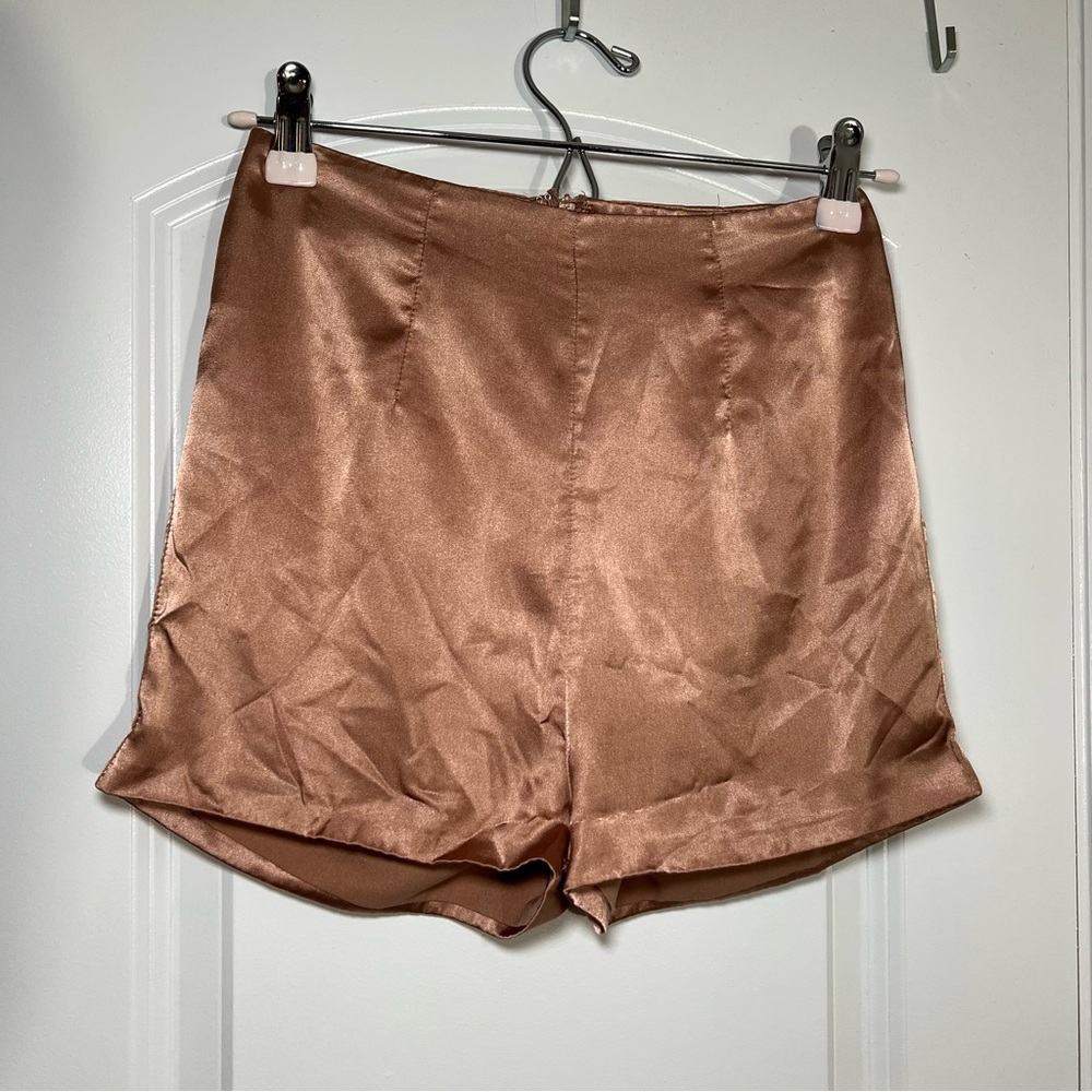 Meshki Tan Satin Shorts with Luxurious Sheen